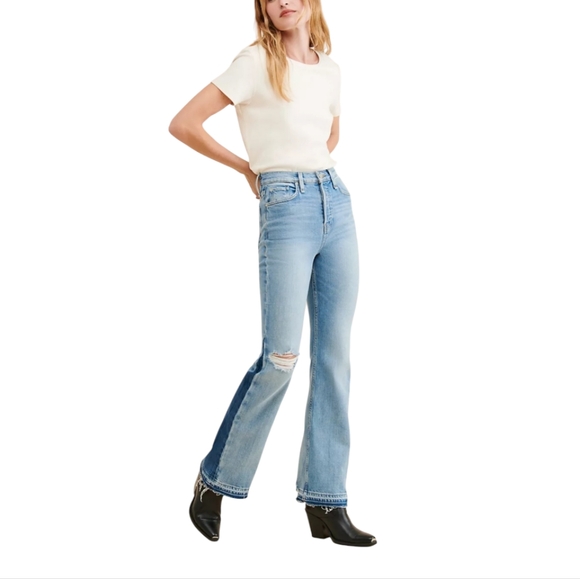 NEW Hudson Faye Jeans | Ultra High Rise Flare | Two-Tone Distressed Denim Sz 31 - Picture 7 of 16